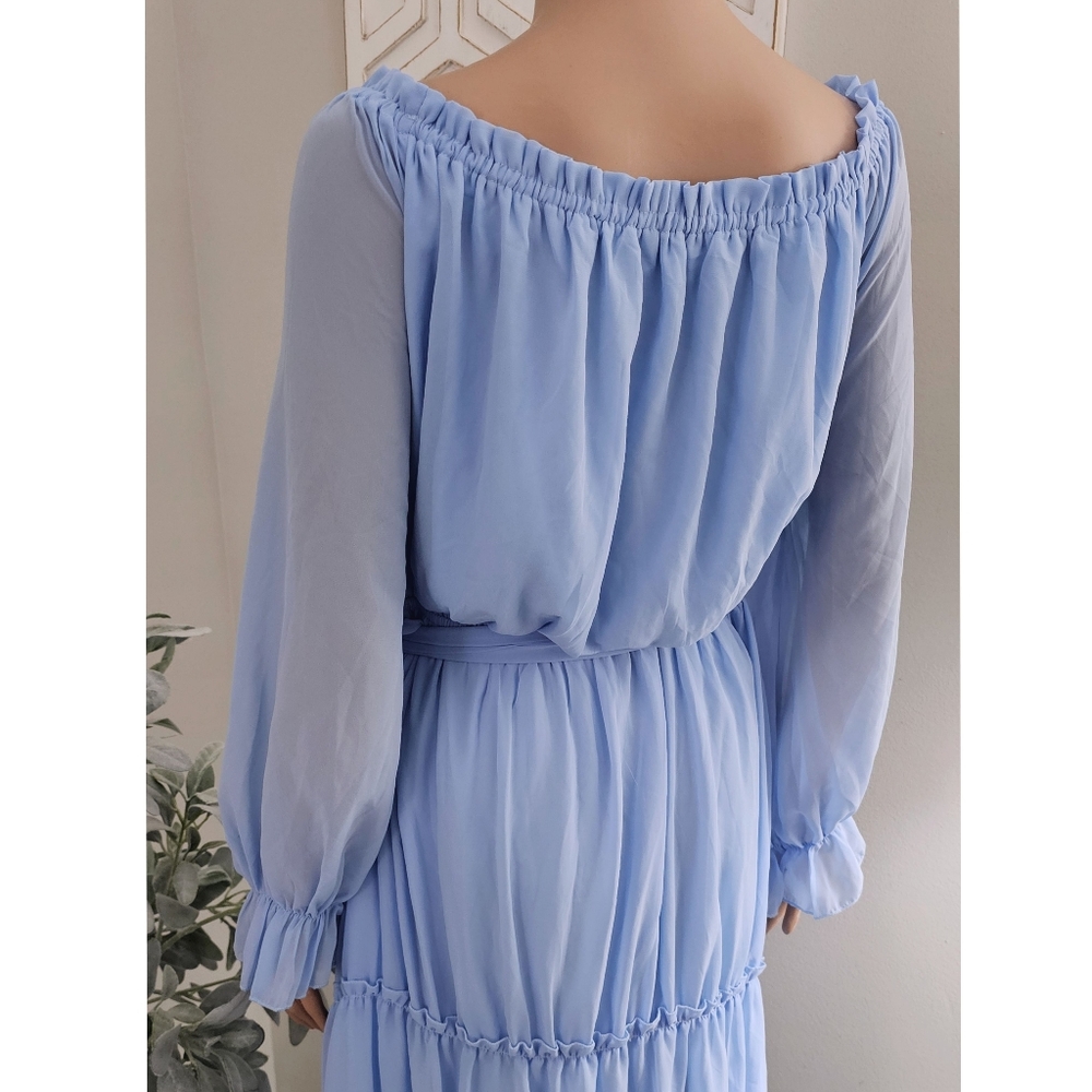 Faeriesty Ski Blue Off Shoulder Long Sleeves Tiered Waist Tie Maxi Dress 4XL - Picture 4 of 9